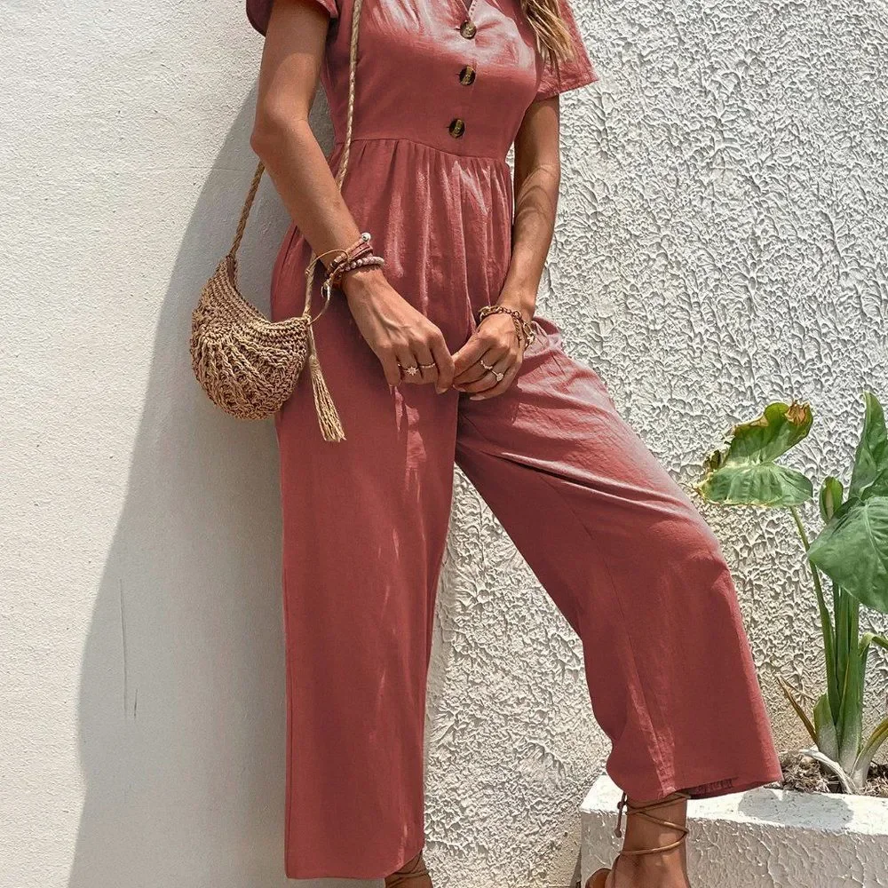 New Puff Sleeve Zip Back Jumpsuit  Redwood - Picture 5 of 7
